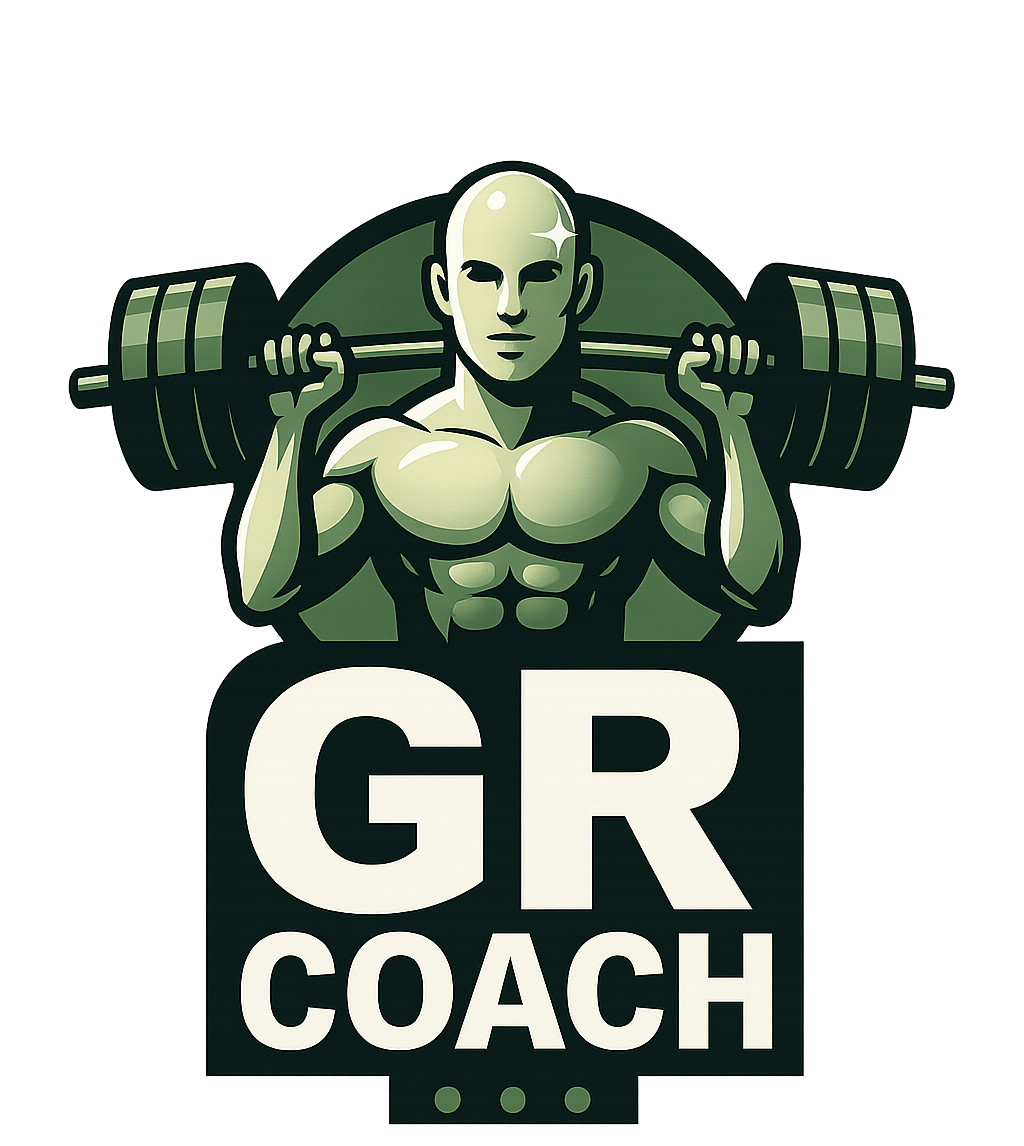 Logo de geoffrey. Homme avec une barre de musculation sur le dos.